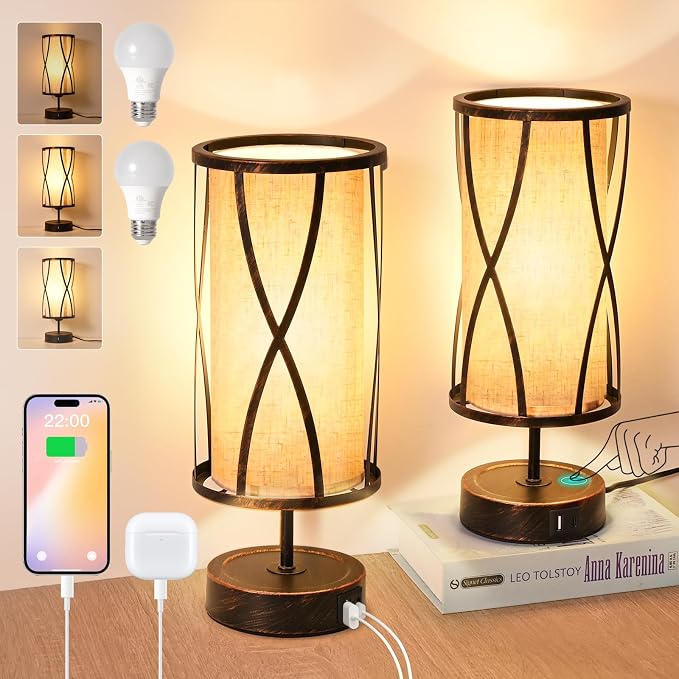 Distressed Table Lamps for Living Room, 3 Way Dimmable Touch Lamps, Small Bedside Lamps with LED Bulbs, USB Ports C+A, Nightstand Lamp for Kids Room, Bedroom, Office (2 Pack Iron)