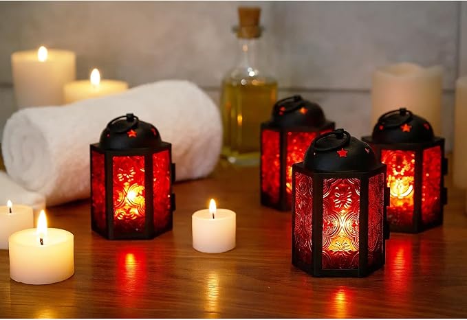 VELA LANTERNS Mini Moroccan Tea Light Candle Holder Lanterns – 4.25" Small Decorative Lantern for Table or Hanging, Metal with Glass Panels – Ramadan, Wedding, Home Decor, Ruby Red (Set of 4)