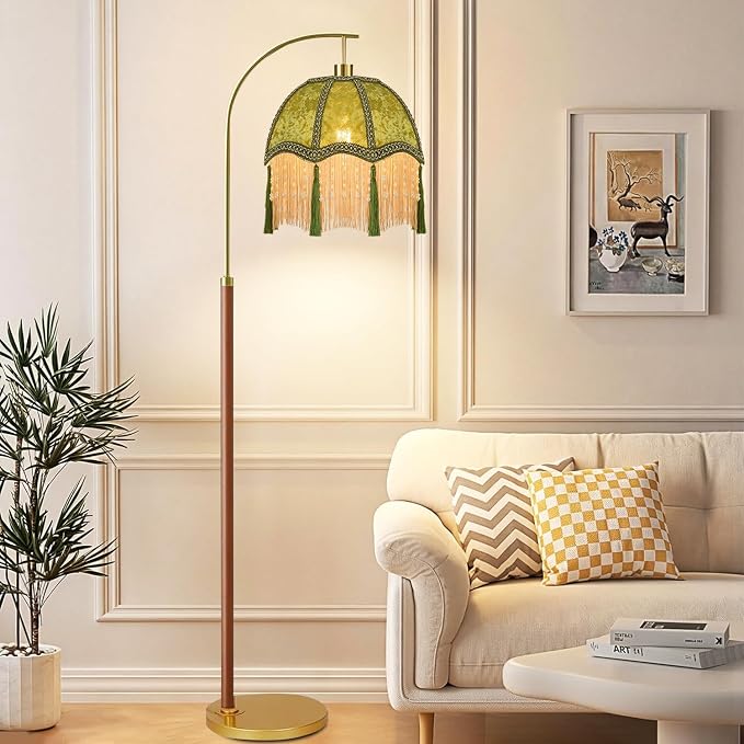 Wood Floor Lamps for Living Room Vintage Gold Floor Lamp with Remote Control & 3 Color Temperature,Dimmable Floor Lamp Mid Century Modern Standing Lamp Green Fringe Tall Floor Lamp for Bedroom Corner