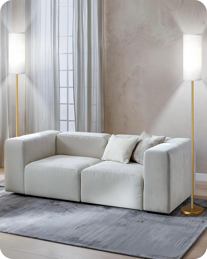 Set of 2 Dimmable Floor Lamps for Living Room with 2 Remotes and Foot Switch, Modern Standing Tall Lamp, Corner Lamp for Bedroom, Bulb Included, 3000K-6500K, Beige and Gold DE06LDP205W1