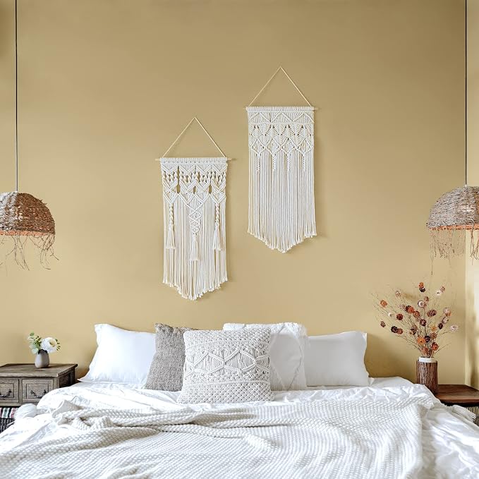 Mkono 2 Pcs Macrame Wall Hanging, Boho Woven Chic Tapestry Decor, Ivory