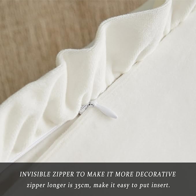 GIGIZAZA Velvet Cream 16x16 Pillow Covers, Set of 2 Decorative Ruffle Ivory Cushoin Pillow Covers for Sofa Couch