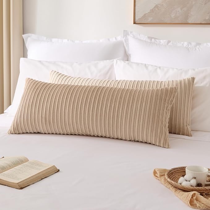Kevin Textile Striped Corduroy 14”x36” Pillow Cover 1 Pack, Beige