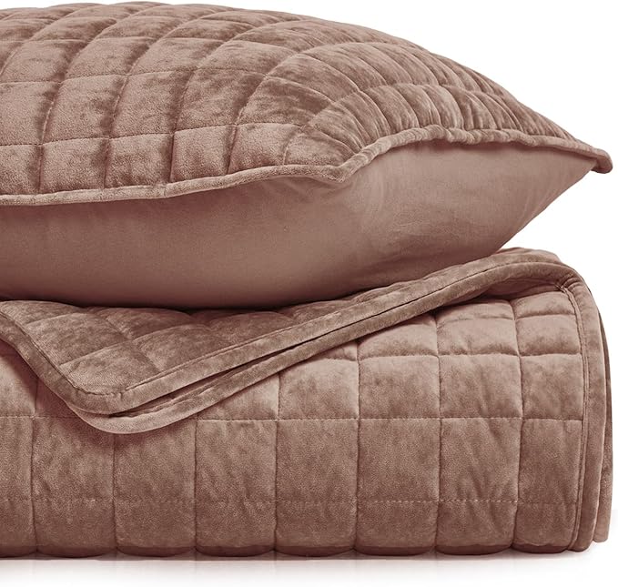 RECYCO Channel Box Stitch Velvet Quilt Set, Queen Size, Terracotta Clay | Ultra Soft Lightweight Velvet Comforter, Luxury Oversized Bedspread Coverlet, Quilted Bedding Set for All Season with 2 Shams
