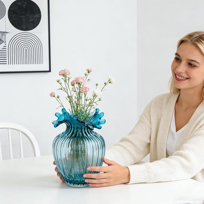 ZAVOOS Hand Blown Glass Vase, Unique Bubble Waves Mouth | Modern Decorative Blue Vase, Elegant Flower Vase for Home Decor, Living Room Centerpieces, Table Bouquet, Wedding Decoration