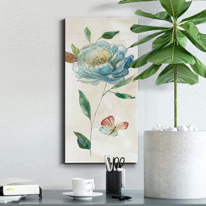 Renditions Gallery Canvas Floral Wall Art Home Paintings & Prints Rose Blue Wash Chic Modern Canvas Romantic Wall Hanging Decorations for Bedroom Office Kitchen Artwork - 8"x16" LT43