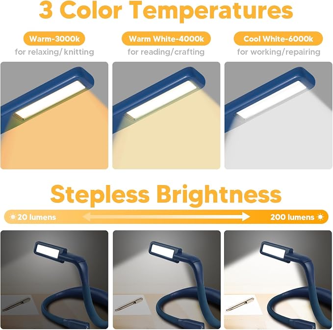 Neck Book Light, 3 Color Stepless Dimming Reading Light for Bed