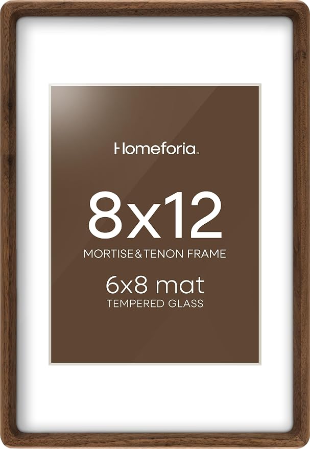 Homeforia 8x12 Mortise&Tenon Walnut Picture Frame, 6x8 Mat, Glass