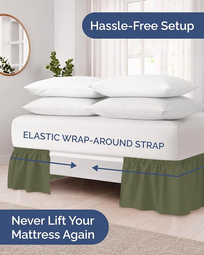 Wrap Around Dust Ruffle Bed Skirt, King Size - 12 Inch Drop, Sage Green | Easy Fit Elastic Strap, Adjustable Pleated Bedskirt w/Brushed Fabric, Wrinkle & Fade Free, for Women, Men, Kids & Teens