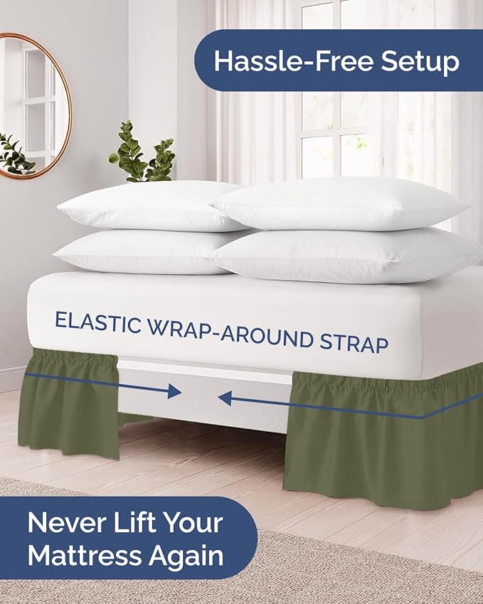 Wrap Around Dust Ruffle Bed Skirt, Full Size - 24 Inch Drop, Sage Green | Easy Fit Elastic Strap, Adjustable Pleated Bedskirt w/Brushed Fabric, Wrinkle & Fade Free, for Women, Men, Kids & Teens