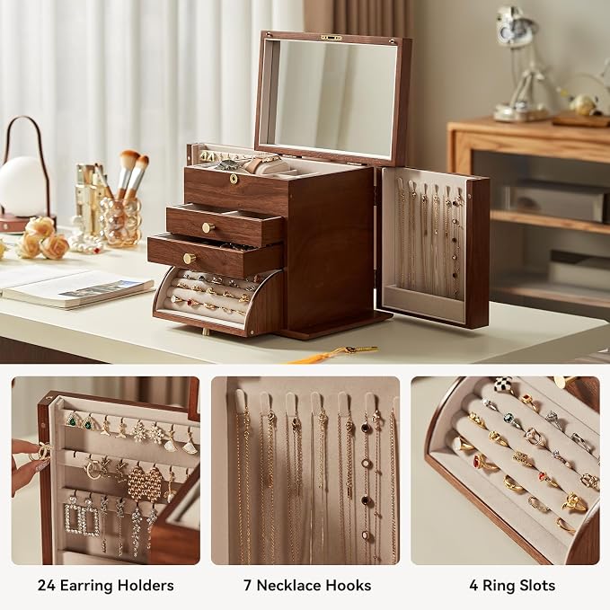 Black Walnut Wooden Jewelry Box for Women, 4 Layer | With Mirror, Lockable Top Lid & Side Doors, Velvet-Lined, Large Wood Jewelry Organizer For Watch Necklace Ring Earring, Gift