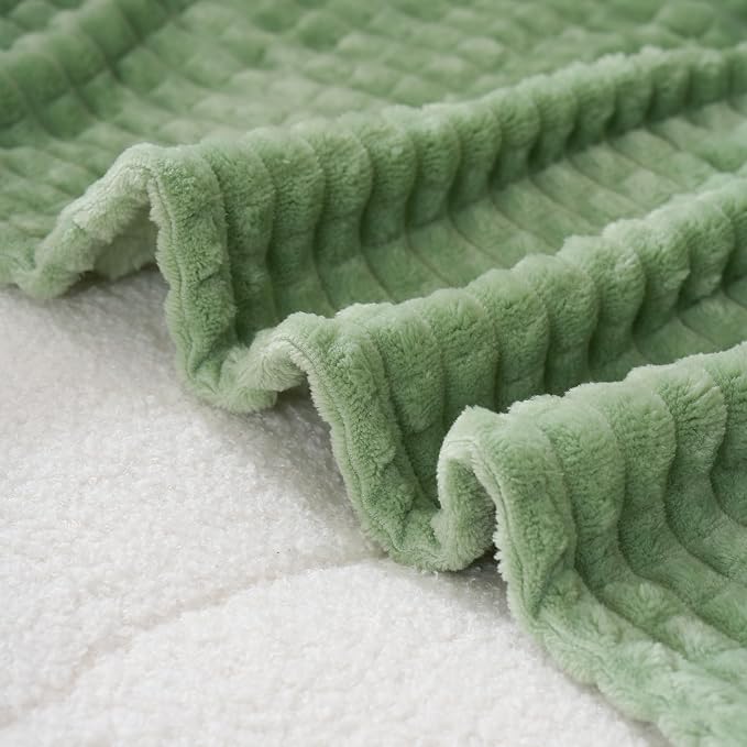 Puncuntex Fleece Throw Blanket Sage Green 90"×90" with Square Grid Design | Super Soft Plush Cozy Flannel Throw Blanket Luxury for Couch Sofa Chair