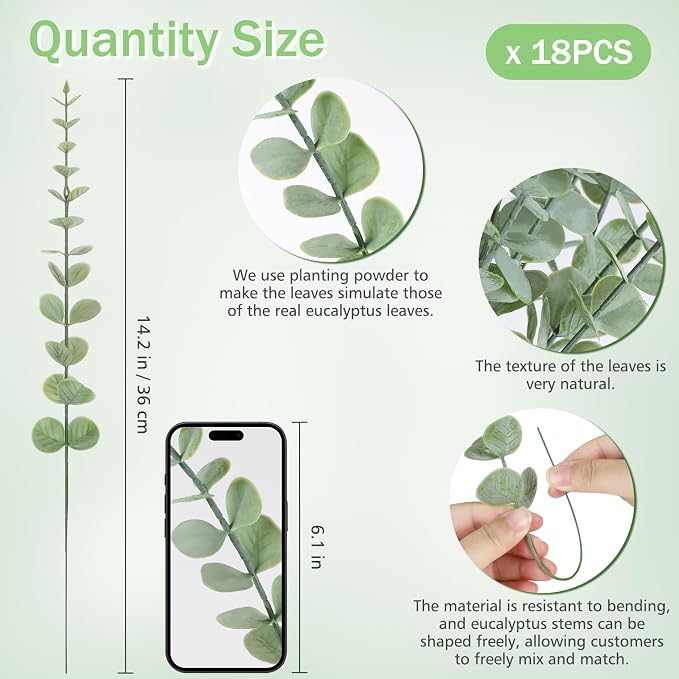 18pcs Eucalyptus Stems Greenery Stems Fake Leaves Artificial Dried Flowers Bouquet Faux Branches Centerpiece Flores Plants for Home Party Decor Wedding Decoration