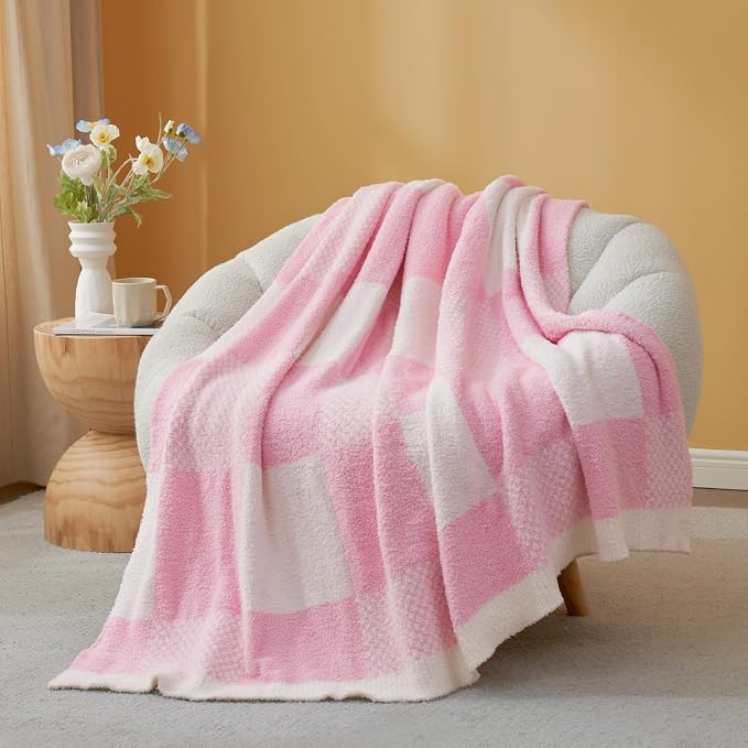 Snuggle Sac Checkered Blanket, Baby Pink Throw Blanket for Couch Plaid Microfiber Fluffy Warm Cozy Fuzzy Soft Throw Blanket Reversible Checkered Blankets for Sofa, Chair, Bed, 50x60 inches