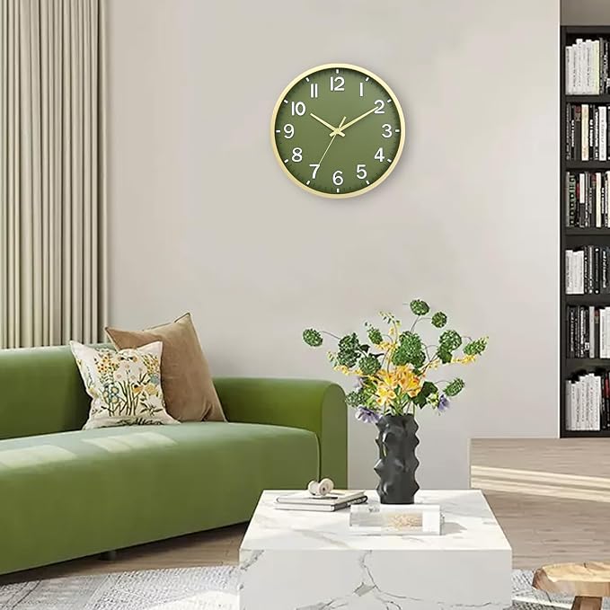 Wall Clocks Battery Operated 8 inch Modern Wall Clock,Silent Non Ticking Wall Clock for Living Room Bedroom Kitchen Office Classroom Decor (Green Gold)