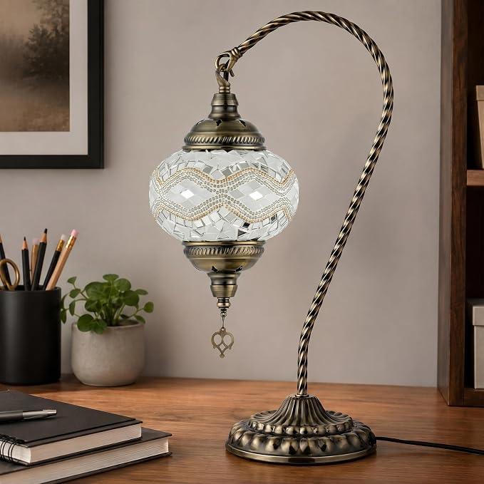GOGERS Swan Neck Turkish Moroccan Lamp Handmade Stained Mosaic Glass Vintage Lamp Shade Bohemian Tiffany Style Bedside Night Lamp Lighting for Bedroom Living Room (White Golden)