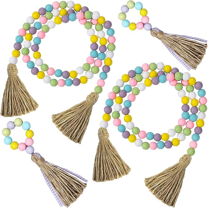 Easter Beads Garland with Tassel, 4 Pack Spring Wood Bead Garlands, Wooden Beaded Easter Boho Decor Farmhouse Rustic Home Wall Hanging Decorations for Tiered Tray Shelf Holiday Party, 34"