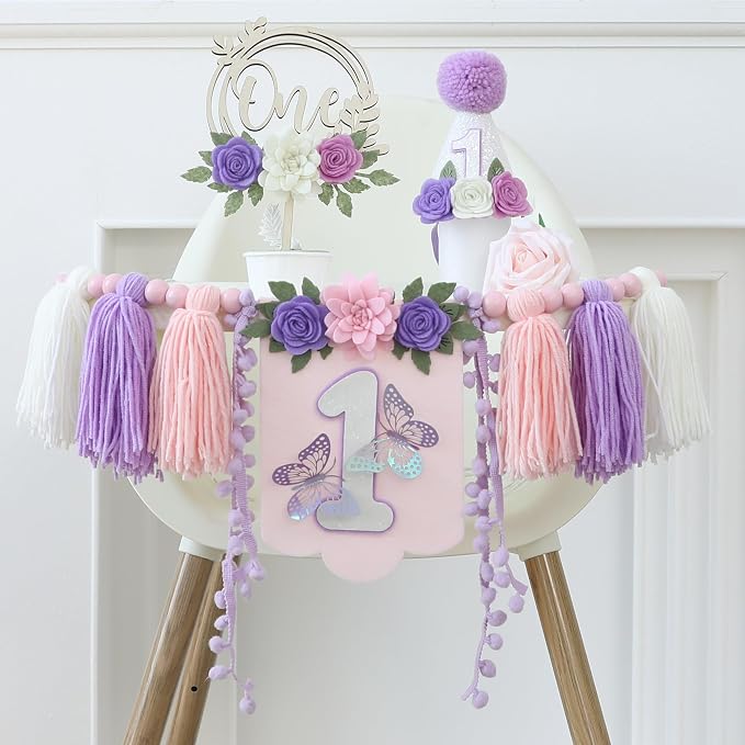 JUIIZAY Flower 1st Birthday Party Decorations for Girl Butterfly Highchair Banner 1st Hat One Floral Cake Topper Party Decor