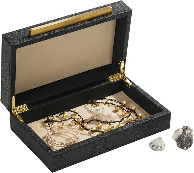Sagala Black Decorative Shagreen Box With Gold Handle, Keepsake Box Jewelry Organizer Box, Faux Leather Storage Box For Modern Home Decor (Black-Gold, 1pack)