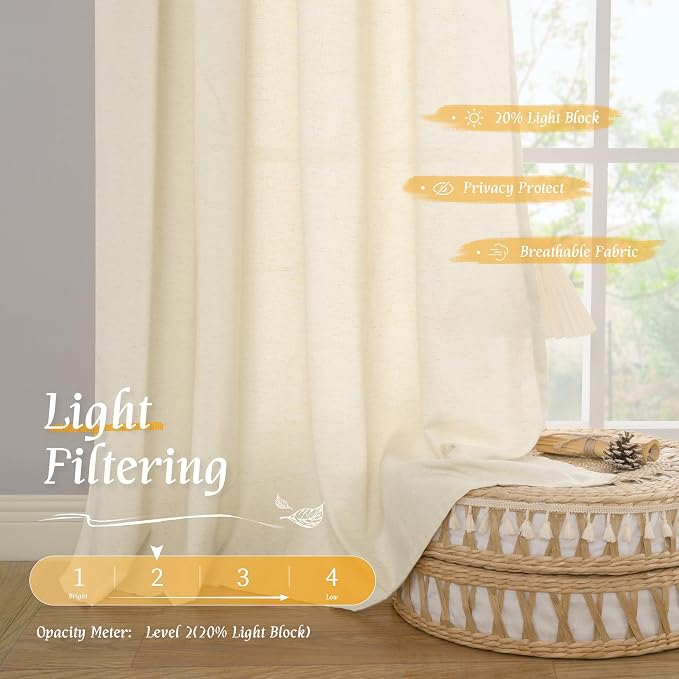 Linen Curtains 72 inches Long for Living Room, Light Beige, 2 Panels | Light Filtering, Semi Sheer, Privacy Protected, Window Treatments, Neutral Drapes for Bedroom, Rod Pocket, 52 x 72 Inch