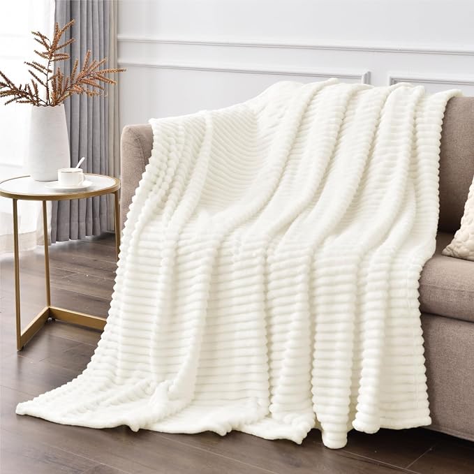 BEDELITE 3D Ribbed Jacquard Cream Blankets Queen Size for Bed, 90x90 Inch | Soft Warm Decorative Fluffy Blanket, Cozy Fuzzy Lightweight Plush Fleece Throw Blankets for Bed, Room Decor, Gift for Women