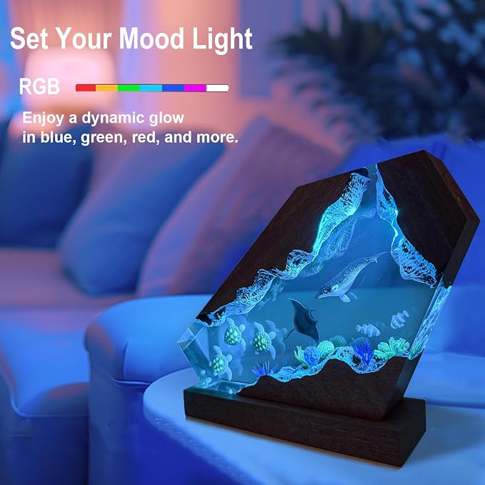 Handmade Humpback Whale Resin Ocean Lamp with Wooden Base