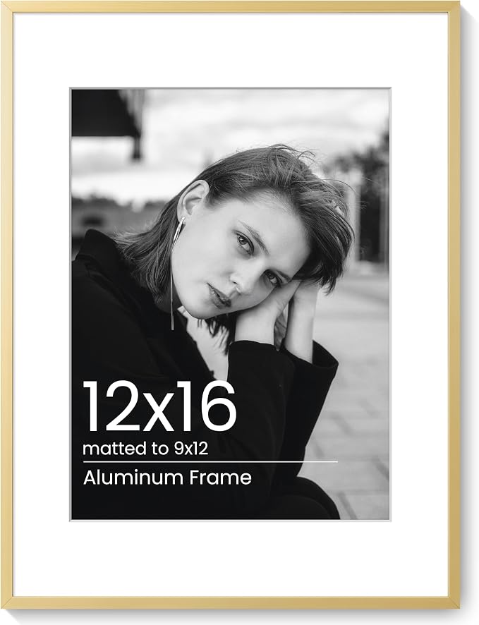 12x16 Picture Frame Gold, Aluminum Metal 12 x 16 Frame with Removable Mat, 12 by 16 Gold Photo Frame Matted to 9x12 Photo, Real Tempered Glass for Home and Office Gallery Wall, 1 Pack