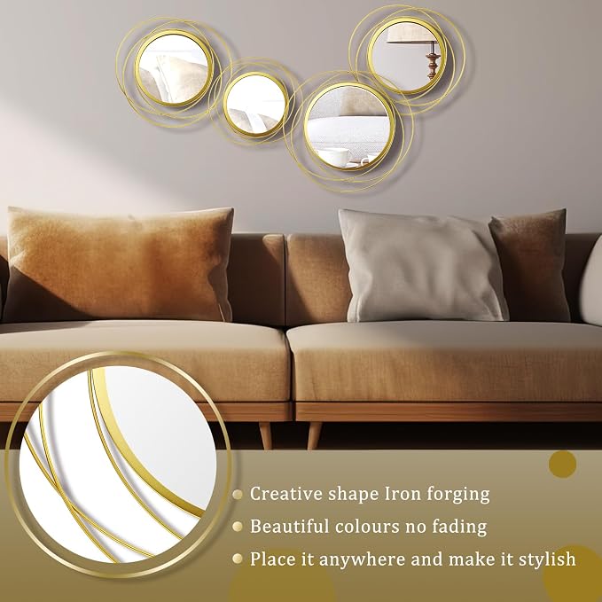 Hicarer 4 Pcs Decorative Wall Mirror Round Modern Circle Mounted Mirror Metal Wall Art Decor for Bedroom Living Room Entryway Dining Room Hallway(Gold)