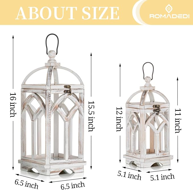 Romadedi Set of 2 Farmhouse Wood Candle Lanterns Decorative, Whitewashed | 12" and 16" Tall Rustic Lantern; Painted by Hand with Distressed White Finish; Indoor/Outdoor Use for Mantel, Table, or Patio