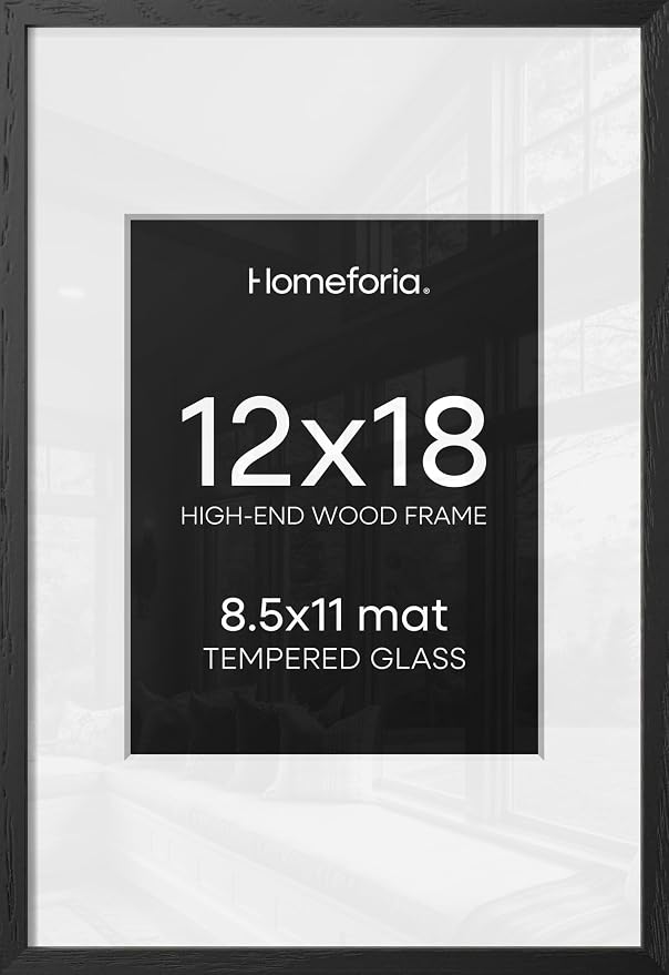 Homeforia 12x18 Black Oak Picture Frame, High-End Wood, 8.5x11 Mat, Glass