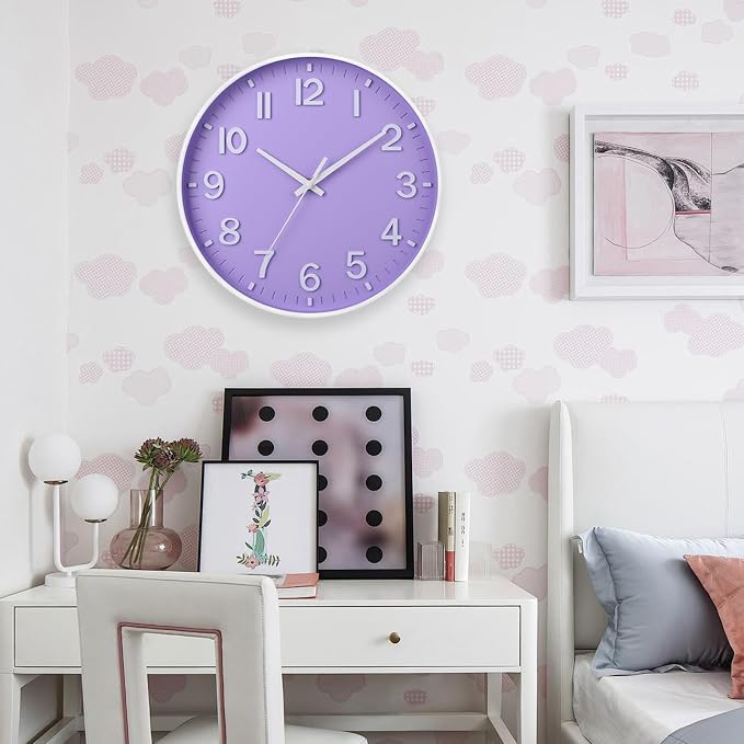 HZDHCLH 12 Inch Silent Wall Clock Battery Operated Non Ticking Purple | 12 inch Silent Non Ticking Modern Wall Clock for Living Room Bedroom Kitchen Office Classroom Decor