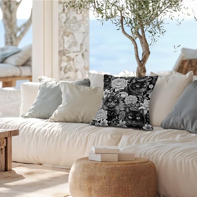 Vintage Black Cat Floral Pillow Covers 18x18, Floral Room Decor, Dark Cottagecore Wildflowers Moody Cat Decorative Throw Pillow Covers Pillowcases for Bedroom Living Room Home Decor