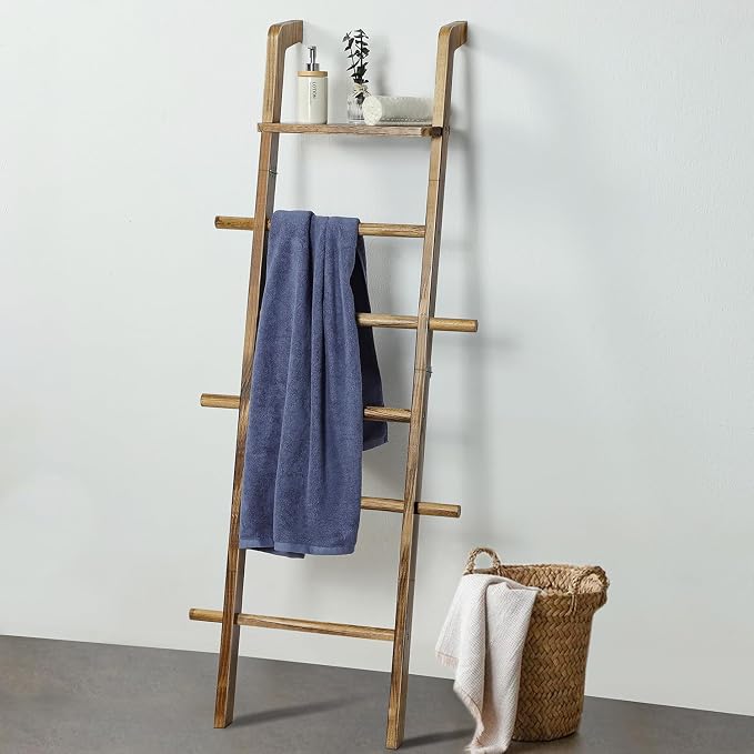 Taozun Wooden Blanket Ladder with Shelf for the Living Room, Total 6-tier | 67-Inch Farmhouse Blanket Rack with 5 Pegs for Towels, Quilt and Throws, Wood Blanket Holder for Organization and Display