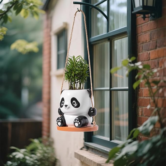 Swing Panda Hanging Planters for Indoor Plants, Cute Succulent Pots with Drainage Hole, Small Hanging Flower Pots Outdoor, Panda Gifts for Plant Lovers (Boy-White)