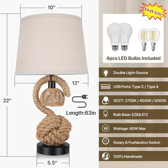 22" Rope Table Lamps for Night Stands, Dual-Lights Bedside Lamps Set of 2