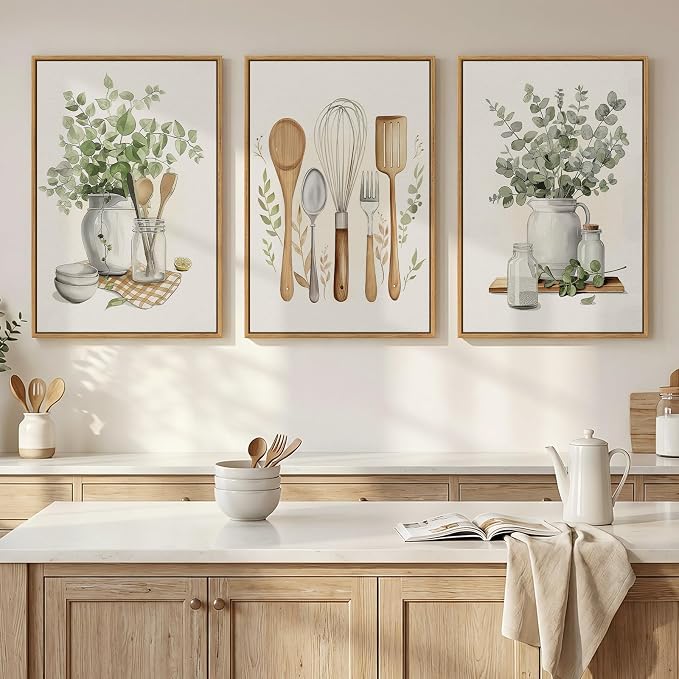 Framed Botanical Wall Art for Kitchen, 3 Piece Modern Farmhouse Sage Green Plant Canvas Painting Prints, Vintage Rustic Farmhouse Utensil Artwork for Kitchen Dining Room Coffee Bar Wall Decor, 16x24