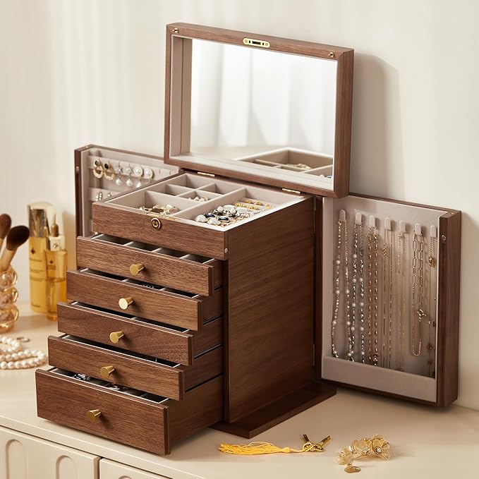 Black Walnut Wooden Jewelry Box for Women, 6 Layer | Locking Large Wood Jewelry Organizer with 2 Side Doors & Mirror, For Watch Necklace Ring Earring, Velvet-Lined, Gift