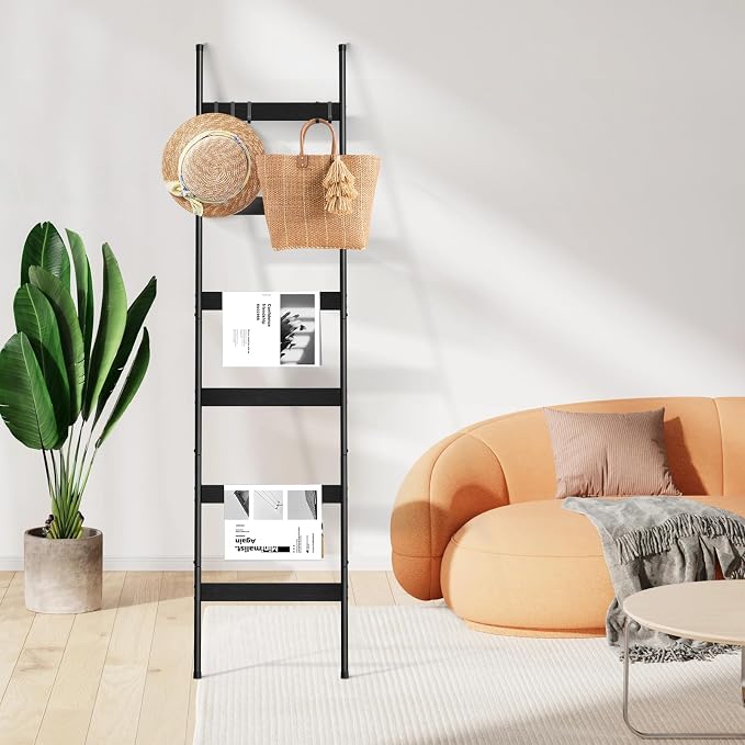 ELYKEN Blanket Ladder, 6-Tier Towel Rack, Wall-Leaning Quilt Holder | Farmhouse Wood Display Stand with 4 Hooks, Decorative Rack Shelf for Living Room, BedRoom, Bathroom, Black
