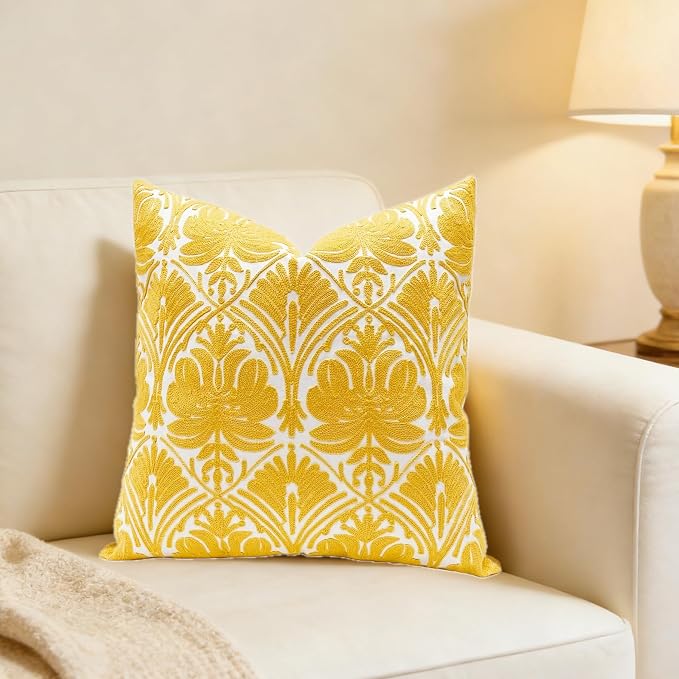 Slow Cow Yellow Canvas Embroidery Decorative Throw Pillow Cover Cushion Cover for Couch Sofa 18 x 18 Inches
