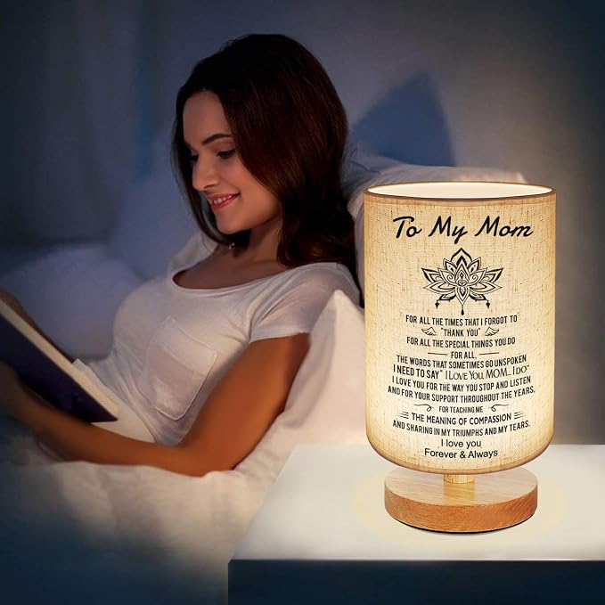 To My Mom Mother Day Birthday Gifts - Engraved Table Lamp, Dimmable Bedside Nightstand Lamp, Fabric Desk Lamp Shade Simple Night Light for Bedroom Living Room Office - Best Anniversary Christmas Gift