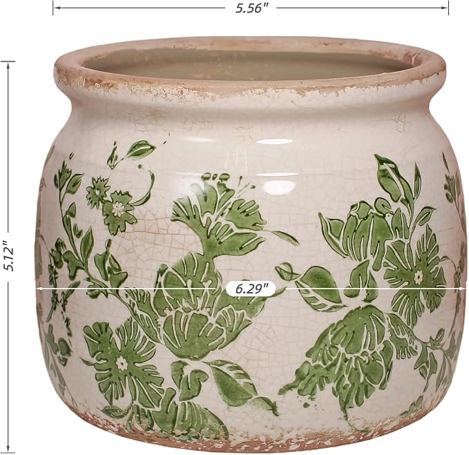 Tuscan Ceramic Indoor Plant Pot, Rustic Farmhouse Vase for Home Decor | 6.29'' Decoration Planter for Snake Plant, Pothos and Houseplant Pots, Vintage Office & Tabletop Decor, Gift for Mom (Green)