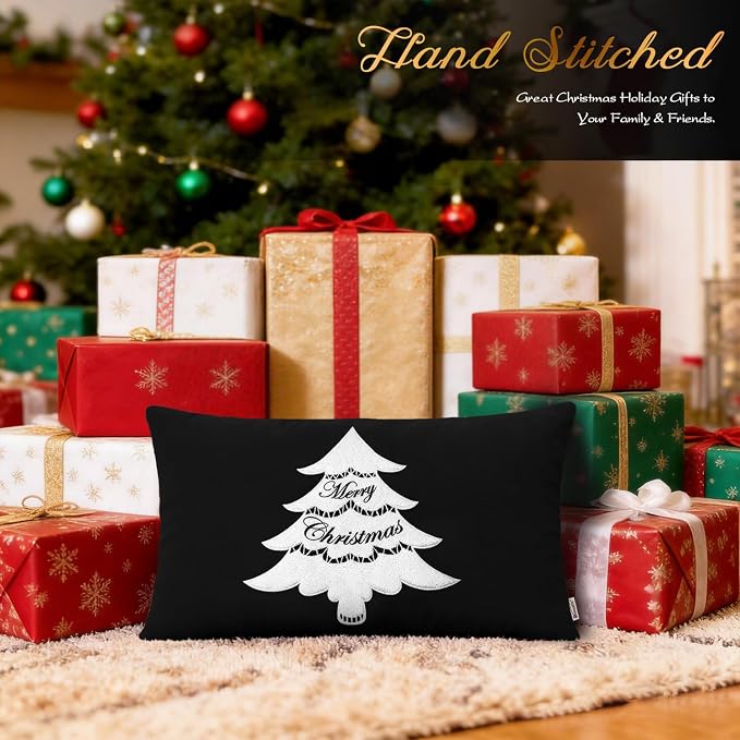 BRAWARM Christmas Pillow Cover 12 X 20 Inches, Black Christmas Tree Embroidered Lumbar Pillow Cover, Soft Velvet Decorative Throw Pillow for Couch Bed Sofa Living Room Home