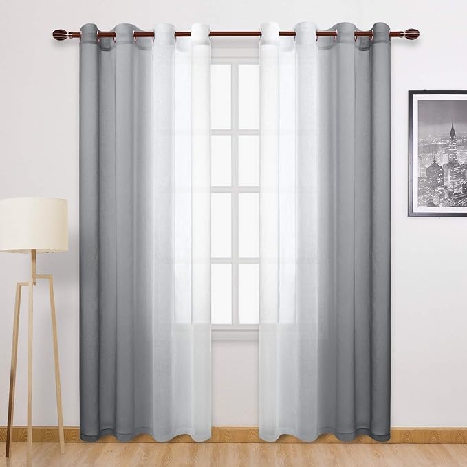 DWCN Grey Ombre Faux Linen Sheer Curtains - Extra Long Gradient Semi Voile Light Filtering Grommet Top Bedroom and Living Room Curtains, 52 x 102 Inches Long, Set of 2 Window Curtain Panels