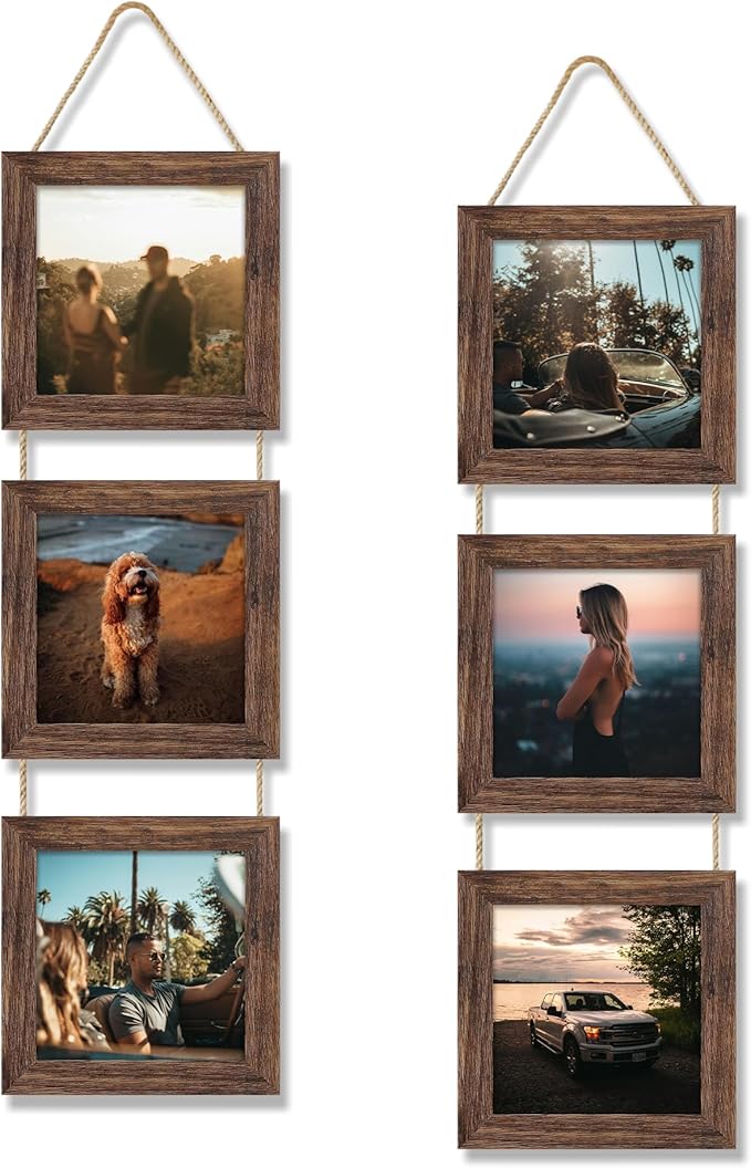 6x6 Collage Picture Frames Set of 2, Rustic Wooden Real Glass Vertical Hanging 3 Opening 6 by 6 Photo Frame, Distressed Brown