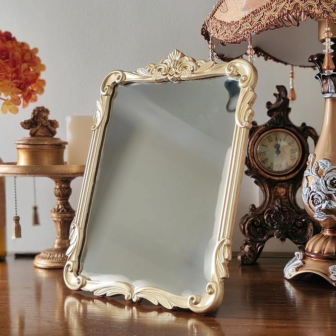 SIKOO 8x10 Inch Vintage Mirror, Decorative Wall Mirror,Makeup Mirror for Table,Antique Home Decor,Ornate Wall Art,Resin and Premium Glass, Gold