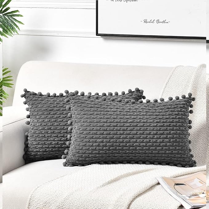 Fancy Homi Set of 2 Dark Gray Lumbar Decorative Throw Pillow Covers 12x20 Inch with Pom-poms for Couch Bed Sofa, Modern Farmhouse Boho Home Decor, Soft Plush Grey Corduroy Rectangle Cushion Case