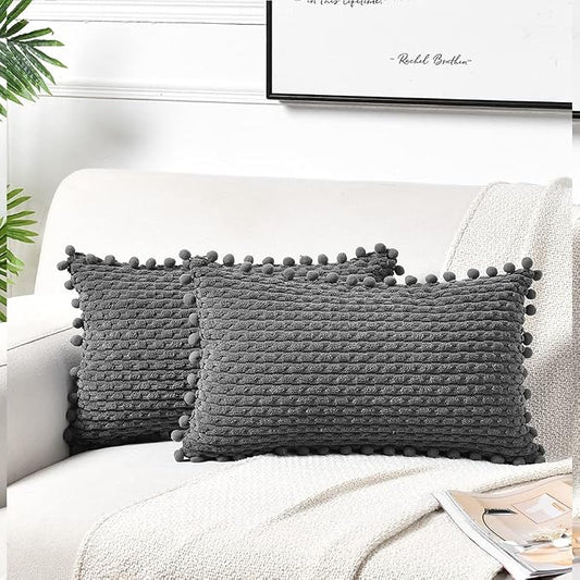 Fancy Homi Set of 2 Dark Gray Lumbar Decorative Throw Pillow Covers 12x20 Inch with Pom-poms for Couch Bed Sofa, Modern Farmhouse Boho Home Decor, Soft Plush Grey Corduroy Rectangle Cushion Case