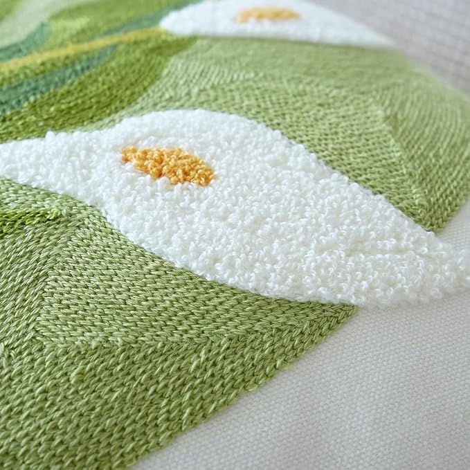 vctops Farmhouse Calla Lily Cotton Tufted Throw Pillow Cover Spring Floral Embroidery Pillowcase Soft Square Cushion Case for Sofa Couch Bed Chair (White C,18"x18")