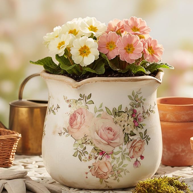 Ceramic Flower Vase, Rustic Farmhouse Vases & Planting Pots with Drainage | Decorative Utensil Vase, European Cottage Home Decor, Mantel Fireplace Bookshelf Wedding Centerpieces, Pink Rose Floral