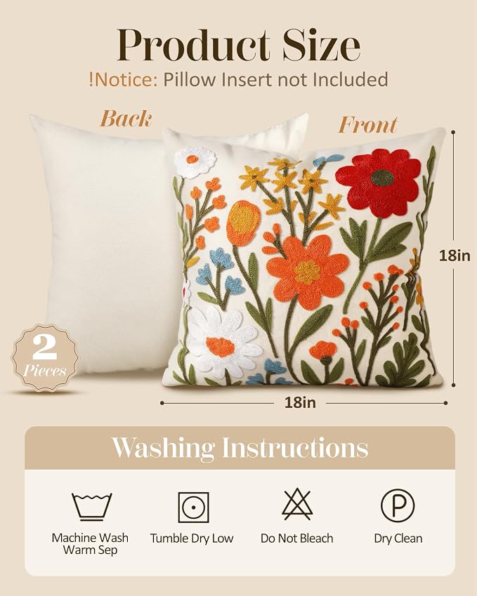 Embroidered Throw Pillow Covers 18x18 Inch, 2Pack, Flower Cluster | Decorative Pillow Covers Set of 2, Floral Cushion Cases with Hidden Zipper, Farmhouse Decor for Couch, Sofa, Living Room